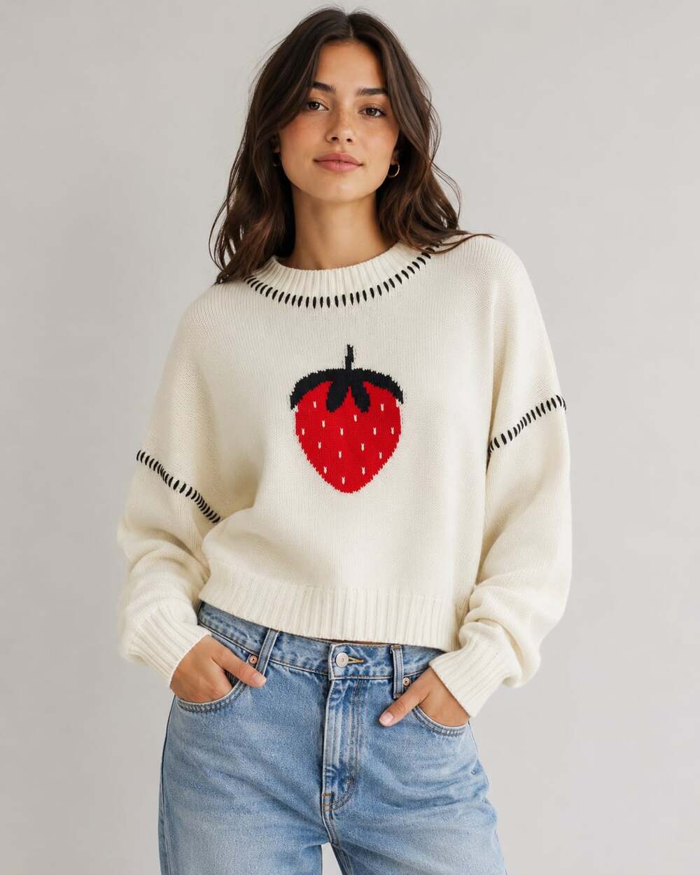 Jessica Simpson Cream Strawberry Graphic Crew Neck Knit Sweater Small NWT